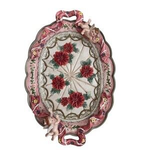 Vintage Italian Capodimonte Style Platter W/Cherubs, Poinsettia, Ribbon, Pink